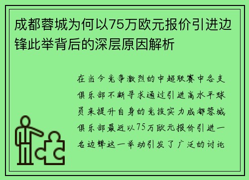 成都蓉城为何以75万欧元报价引进边锋此举背后的深层原因解析